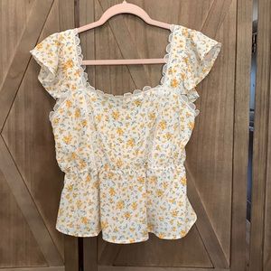 Beautiful Floral Summer Top Blouse Lace Yellow Flowers